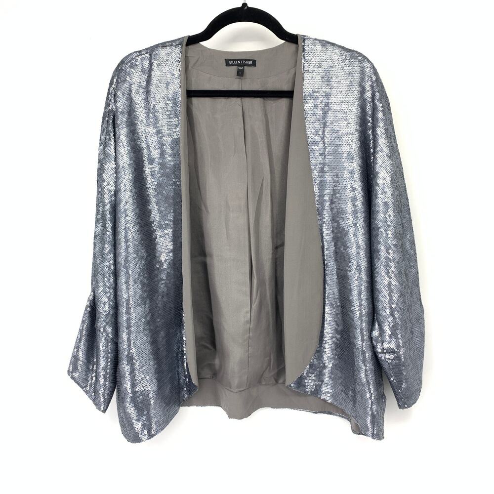 Eileen Fisher Sequin Jacket Womens Sz L Blue Silver Gray Open Front Evening